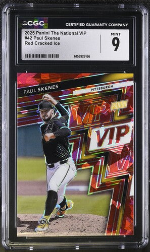 2025 PANINI THE NATIONAL VIP #42 PAUL SKENES RED CRACKED ICE CGC 9 SC4