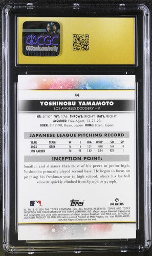 2024 Topps Inception #44 Yoshinobu Yamamoto CGC Pristine 10 SC4