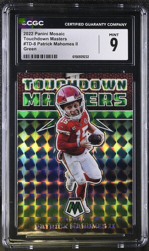 2022 Panini Mosaic Touchdown Masters #TD-8 Patrick Mahomes Green CGC 9 SC2