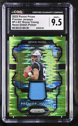 2023 Panini Prizm Premier Jerseys #PJ-BY Bryce Young Neon Green Pulsar CGC 9.5
