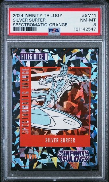 2024 UPPER DECK MARVEL ALLEGIANCE THE INFINITY TRILOGY SPECTROMATIC #SM11 SILVER SURFER SPECTROMATIC-ORANGE PSA 8 SC7