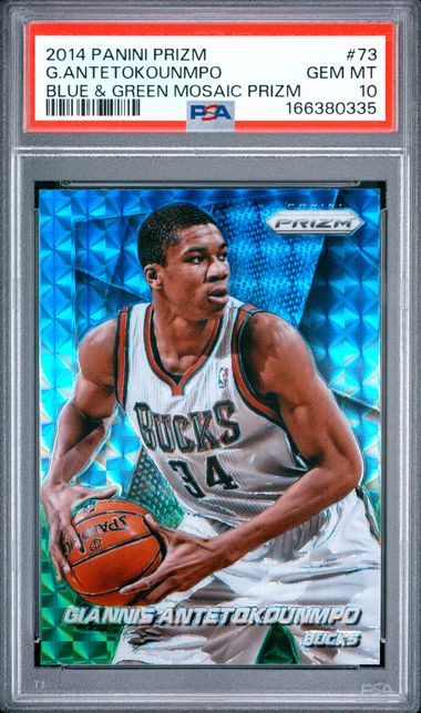 2014 PANINI PRIZM #73 G.ANTETOKOUNMPO BLUE & GREEN MOSAIC PRIZM PSA 10 JR9272-48