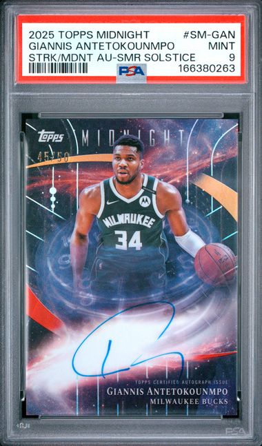 2025 TOPPS MIDNIGHT STROKE OF MIDNIGHT AUTOGRAPHS #SM-GAN GIANNIS ANTETOKOUNMPO STRK/MDNT AU-SMR SOLSTICE PSA 9 Jr9272-105