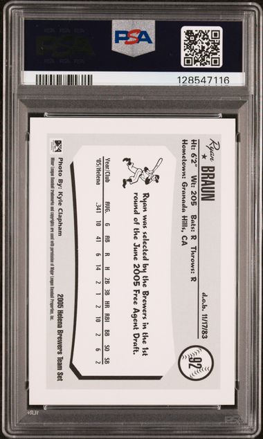 2005 HELENA BREWERS TEAM ISSUE RYAN BRAUN TEAM ISSUE PSA 7