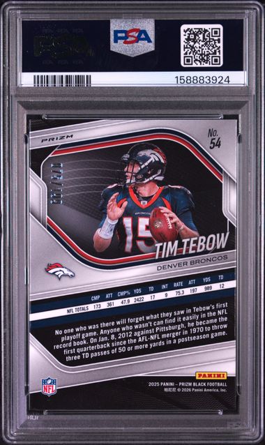 2025 PANINI PRIZM BLACK #54 TIM TEBOW BLUE PRIZM PSA 9