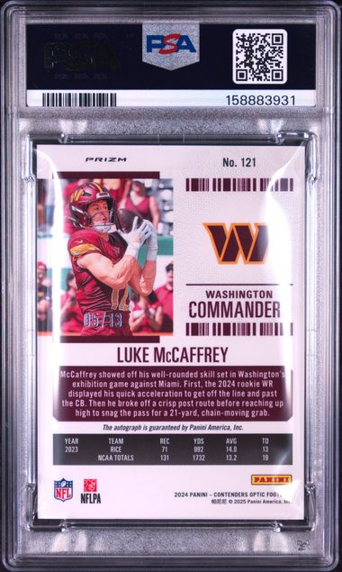 2024 PANINI CONTENDERS OPTIC #121 LUKE McCAFFREY AUTOGRAPH-RED WHITE BLUE PSA 9