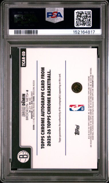 2025 TOPPS CHROME CHROME ROOKIE AUTOGRAPHS #TCAR-ED EGOR DEMIN CHROME ROOKIE AUTOGRAPH PSA 9