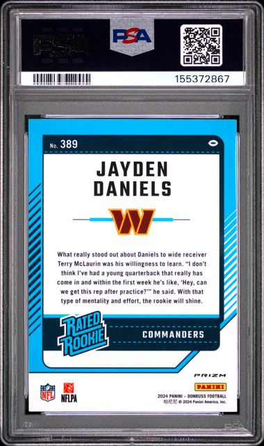 2024 PANINI DONRUSS #389 JAYDEN DANIELS OPTIC PREVIEW-PINK PSA 9
