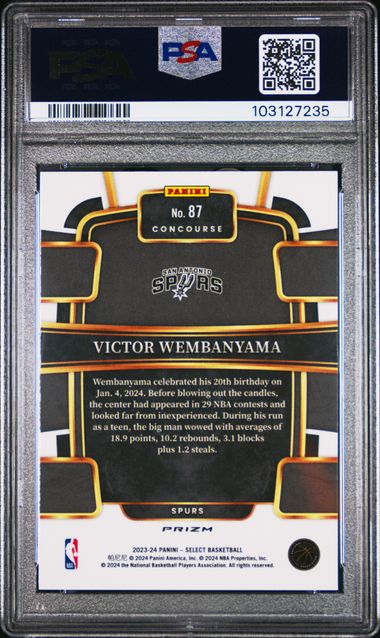 2023 PANINI SELECT #87 VICTOR WEMBANYAMA GREEN/WHITE/PURPLE PRIZM PSA 10 SC5