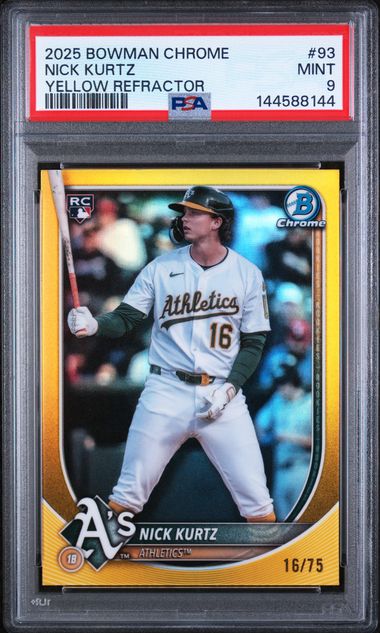 2025 BOWMAN CHROME #93 NICK KURTZ YELLOW REFRACTOR PSA 9 SC4