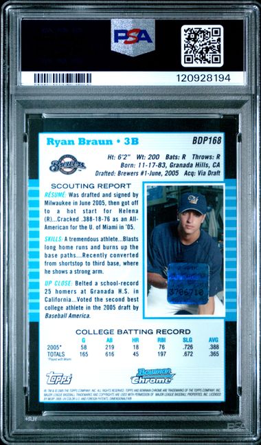 2005 BOWMAN CHROME DRAFT PICKS #168 RYAN BRAUN DRAFT PICKS-AUTOGRAPH PSA 8
