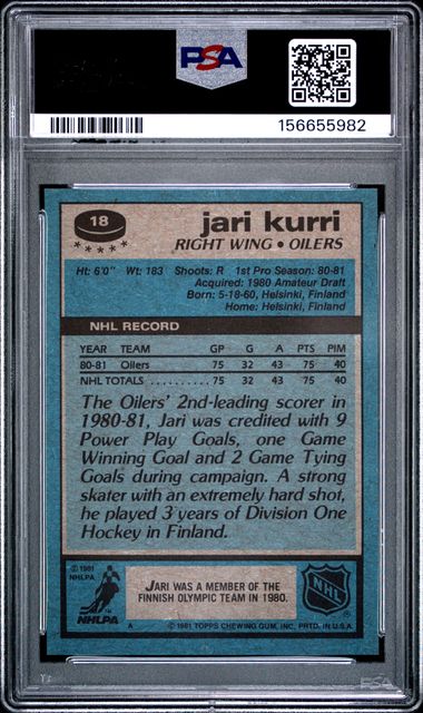 1981-82 Topps Jari Kurri #18 RC Edmonton Oilers PSA 8
