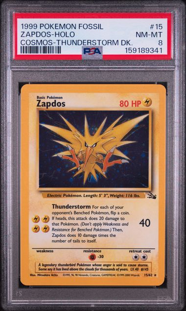 1999 POKEMON FOSSIL #15 ZAPDOS-HOLO COSMOS-THUNDERSTORM DK. PSA 8 SC1