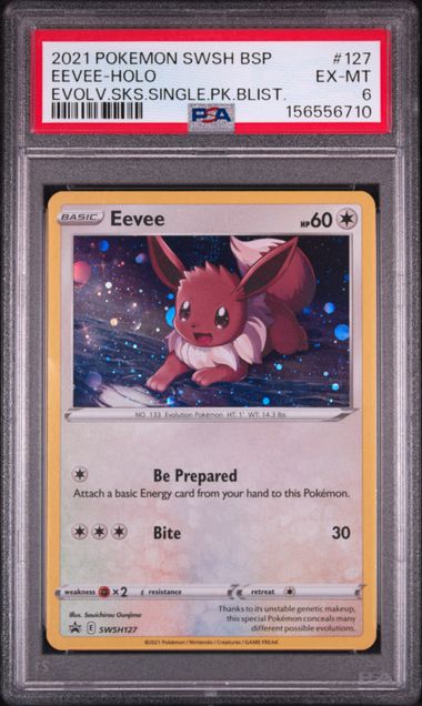 2021 POKEMON SWSH BLACK STAR PROMO #127 EEVEE-HOLO EVOLV.SKS.SINGLE.PK.BLIST. PSA 6 SC1
