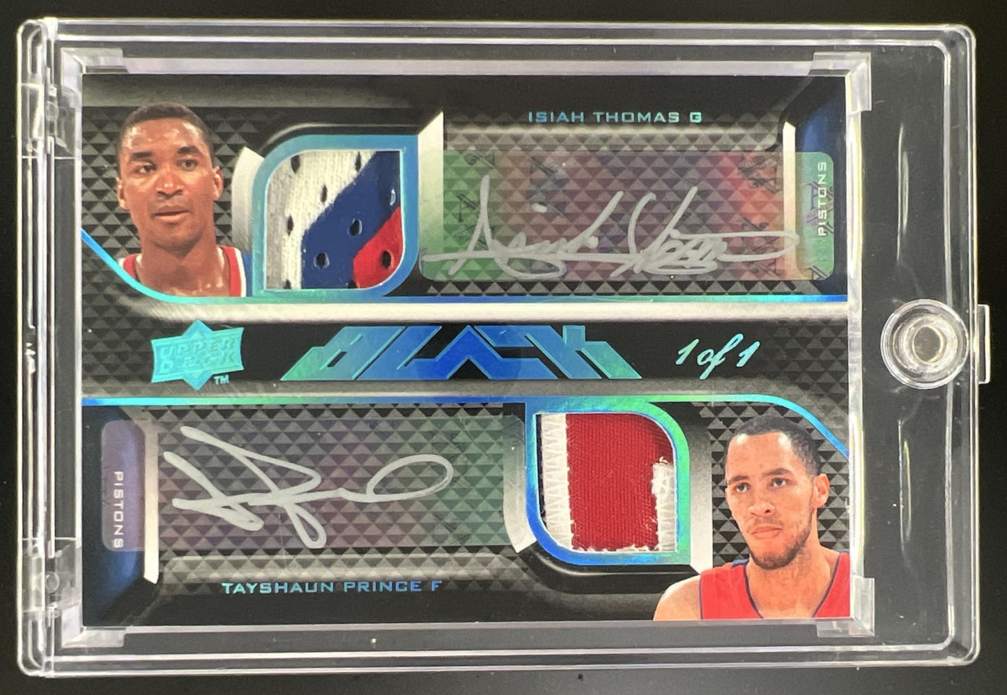 2009 Upper Deck Black Isiah Thomas Tayshaun Prince Dennis Rodman Rodney Stuckey Quad Patch Auto 1/1 #QAJ-PSTN