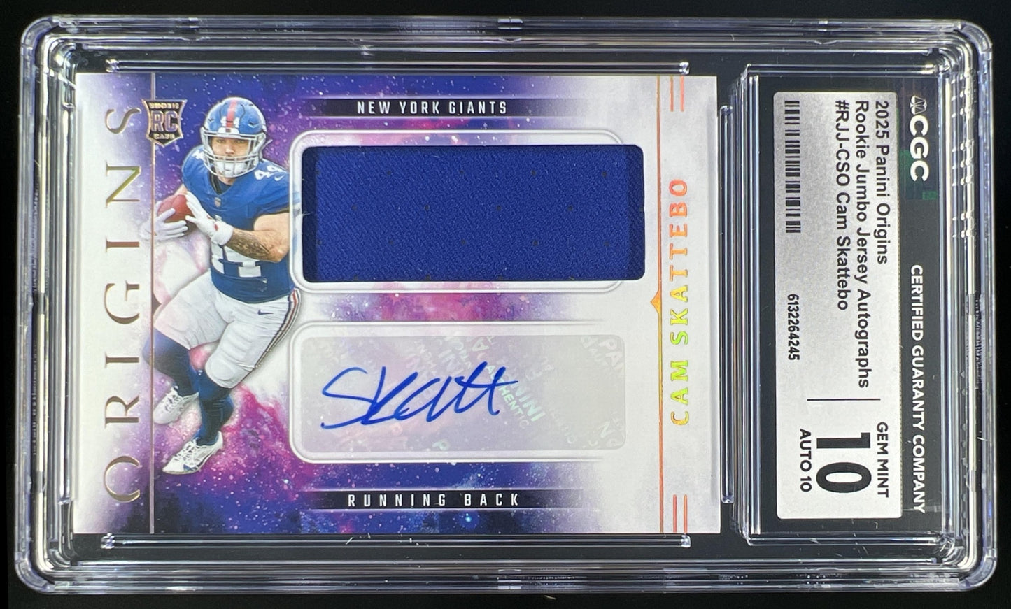 2025 Panini Origins Cam Skattebo Rookie Jumbo Jersey Auto #RJJ-CSO RC Giants CGC 10