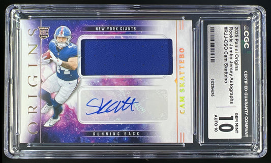 2025 Panini Origins Cam Skattebo Rookie Jumbo Jersey Auto #RJJ-CSO RC Giants CGC 10