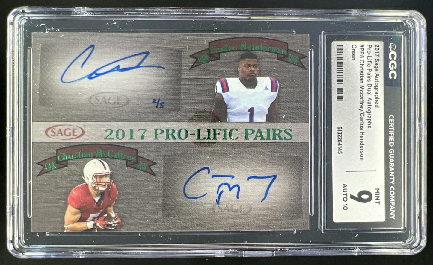 2017 SAGE Auto Christian McCaffrey Carlos Henderson Pro Lific Pairs Dual Green 2/5 #PP8 CGC 9