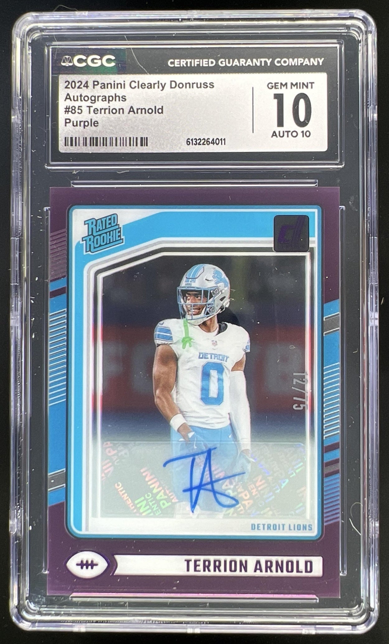 2024 Panini Clearly Donruss Terrion Arnold Rated Rookie Auto Purple /75 #85 Lions CGC 10