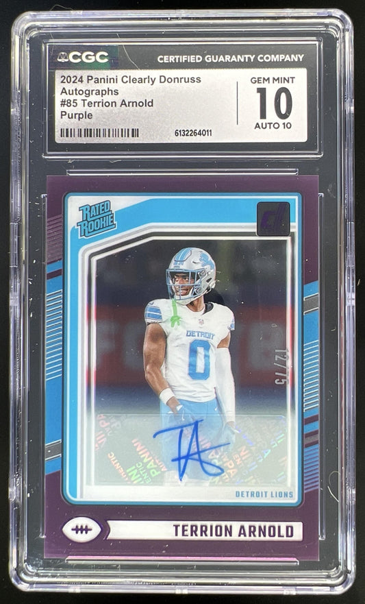 2024 Panini Clearly Donruss Terrion Arnold Rated Rookie Auto Purple /75 #85 Lions CGC 10
