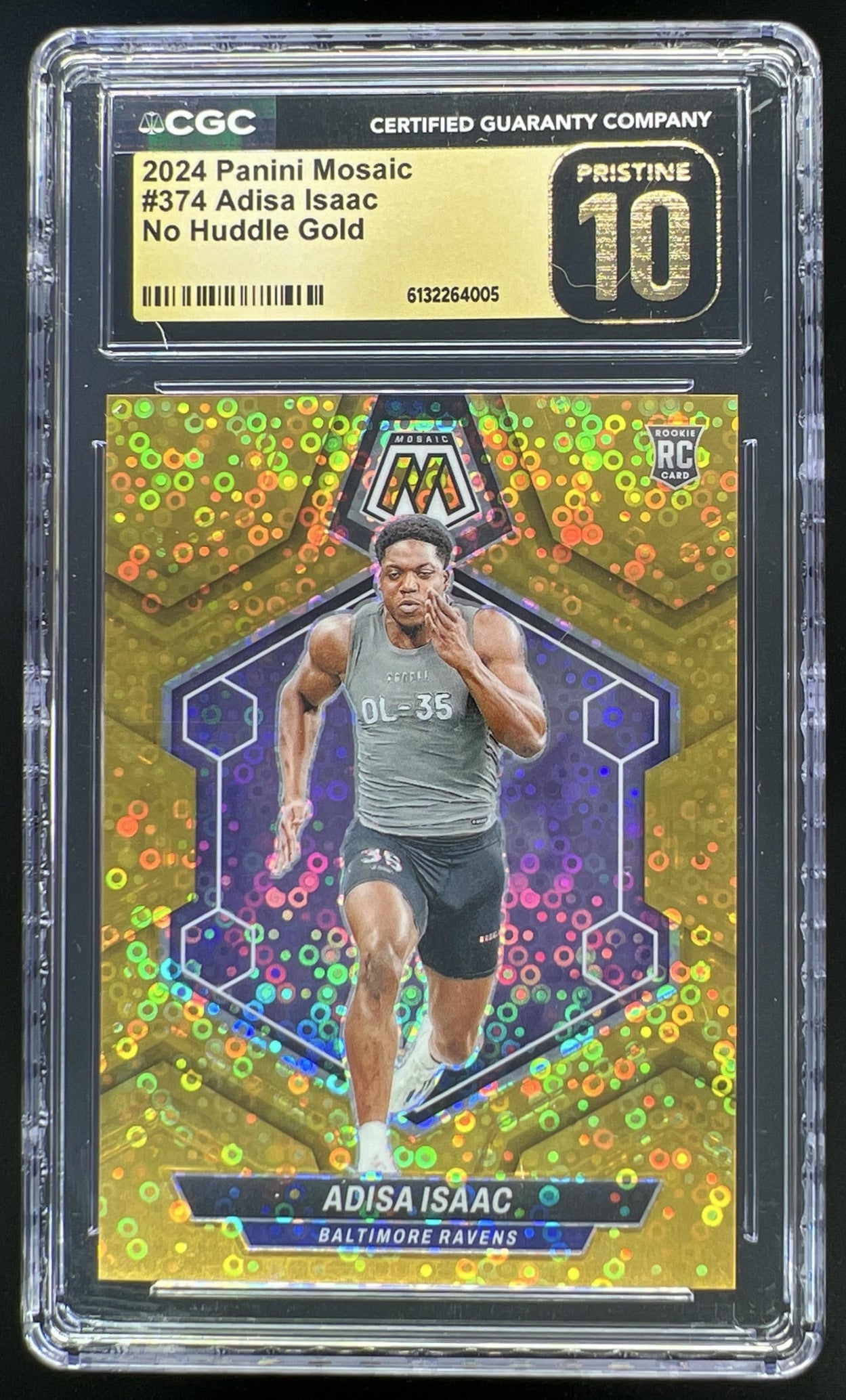 2024 Panini Mosaic Adisa Isaac No Huddle Gold Prizm /10 #374 RC Ravens CGC Pristine 10