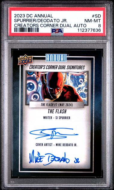 2023 UPPER DECK DC ANNUAL CREATOR'S CORNER DUAL SIGNATURES #CCDASD SPURRIER/DEODATO JR. CREATOR'S CORNER DUAL SIG PSA 8 SC7