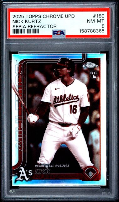 2025 TOPPS CHROME UPDATE #180 NICK KURTZ SEPIA REFRACTOR PSA 8 SC4