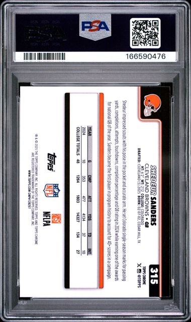 2025 TOPPS CHROME #315 SHEDEUR SANDERS HOT PINK X-FRACTOR PSA 10 SC2