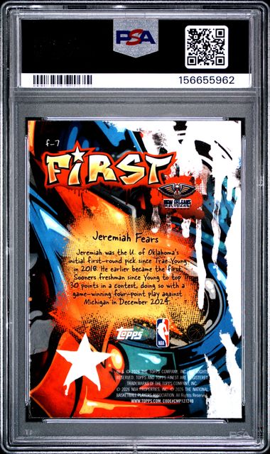 2025 Topps Finest Jeremiah Fears First Blue Refractor /99 #F-7 RC Pelicans PSA 9