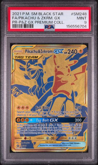2021 POKEMON SM BLACK STAR PROMO #SM248 FA/PIKACHU & ZKRM. GX PR-P&Z GX PREMIUM COLL. PSA 9 SC1
