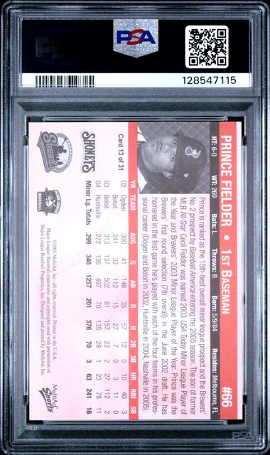 2005 MULTI-AD NASHVILLE SOUNDS #13 PRINCE FIELDER NASHVILLE SOUNDS PSA 8