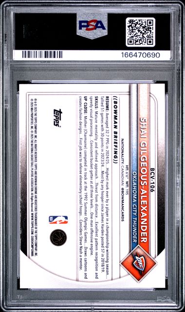 2025 BOWMAN #BCV-106 S. GILGEOUS-ALEXANDER CHROME-BLUE REFRACTOR PSA 9