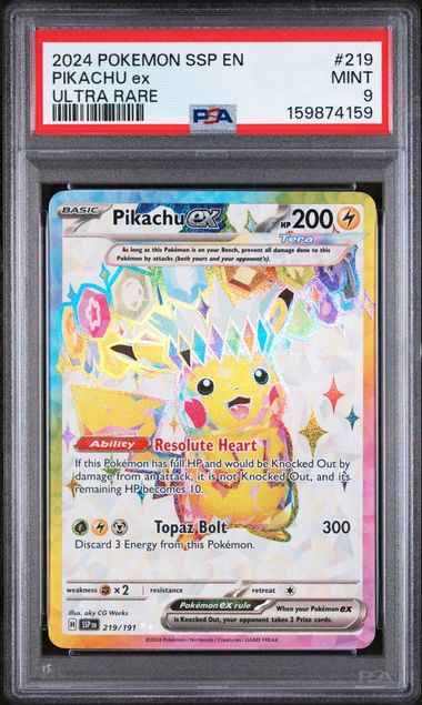 2024 POKEMON SSP EN-SURGING SPARKS #219 PIKACHU ex ULTRA RARE PSA 9