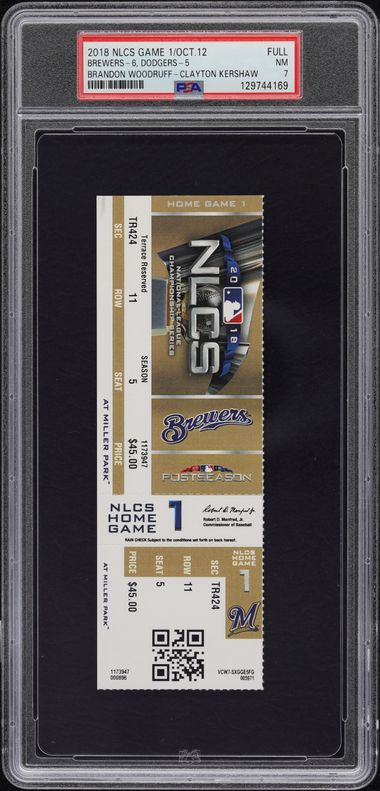 2018 N.L.C.S. GAME 1-FULL #FULL BREWERS-6, DODGERS-5 BRANDON WOODRUFF-CLAYTON KERSHAW PSA 7