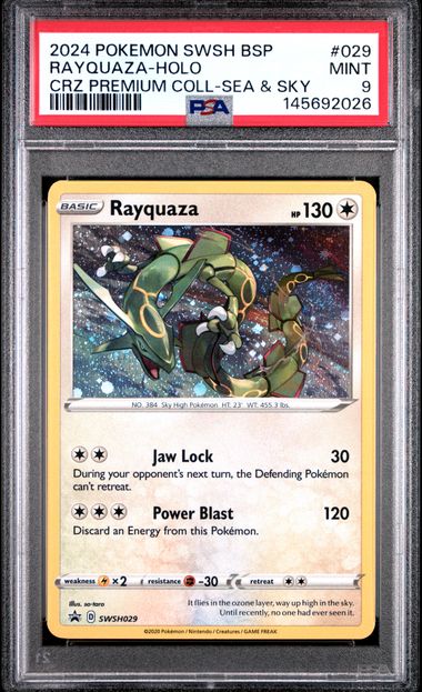 2024 POKEMON SWSH BLACK STAR PROMO #029 RAYQUAZA-HOLO CRZ PREMIUM COLL-SEA & SKY PSA 9 SC1
