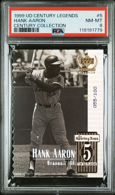 1999 UPPER DECK CENTURY LEGENDS #5 HANK AARON CENTURY COLLECTION PSA 8
