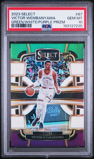 2023 PANINI SELECT #87 VICTOR WEMBANYAMA GREEN/WHITE/PURPLE PRIZM PSA 10 SC5