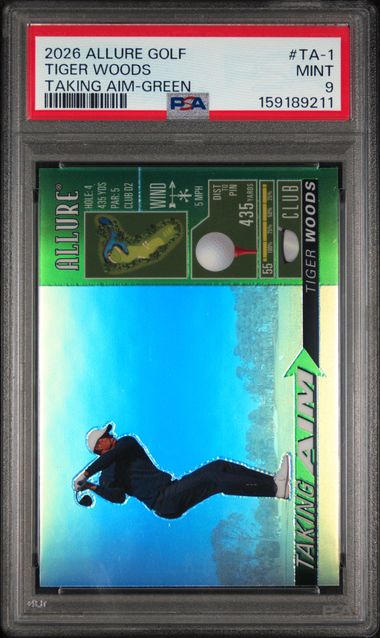 2026 UPPER DECK ALLURE GOLF TAKING AIM #TA-1 TIGER WOODS TAKING AIM-GREEN PSA 9