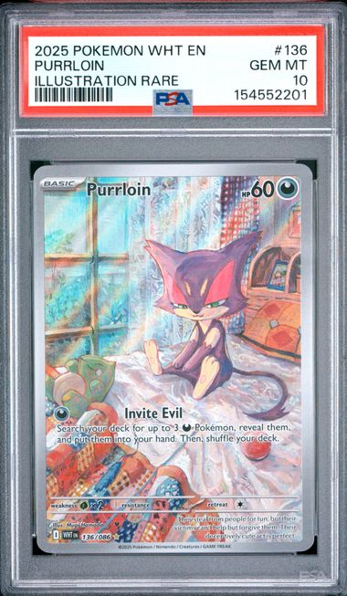 2025 POKEMON WHT EN-WHITE FLARE #136 PURRLOIN ILLUSTRATION RARE PSA 10 SC1