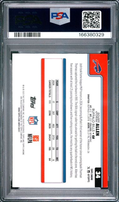 2025 TOPPS CHROME #34 JOSH ALLEN NEON PULSE PSA 9 JR9272-68