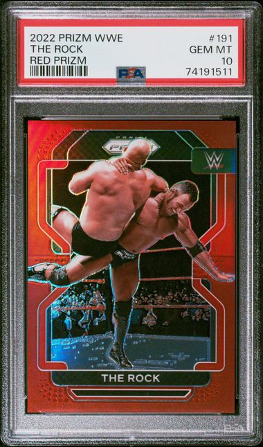 2022 PANINI PRIZM WWE #191 THE ROCK RED PRIZM PSA 10