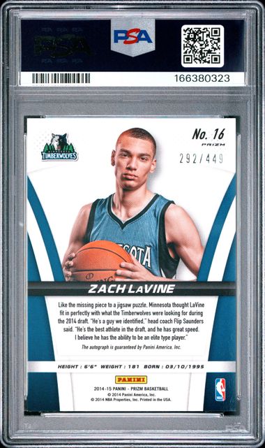 2014 PANINI PRIZM ROOKIE AUTOGRAPHS #16 ZACH LaVINE ROOKIE AUTOGRAPHS PSA 9 JR9272-41