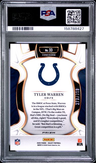 2025 PANINI SELECT #33 TYLER WARREN TRI-COLOR PRIZM PSA 10 SC2