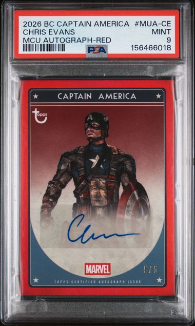 2026 Topps Brooklyn Collection Captain America 85th Anniversary MCU Autographs Chris Evans Red 5/5 #MUA-CE PSA 9