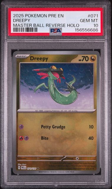 2025 POKEMON PRE EN-PRISMATIC EVOLUTIONS #071 DREEPY MASTER BALL REVERSE HOLO PSA 10