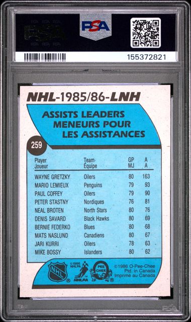 1986 O-PEE-CHEE #259 WAYNE GRETZKY ASSISTS LEADERS PSA 9