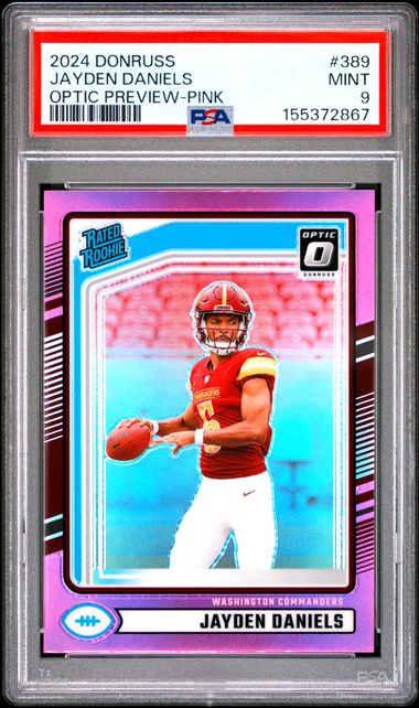 2024 PANINI DONRUSS #389 JAYDEN DANIELS OPTIC PREVIEW-PINK PSA 9