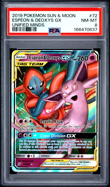 2019 POKEMON SUN & MOON UNIFIED MINDS #72 ESPEON &amp; DEOXYS GX UNIFIED MINDS PSA 8 SC1