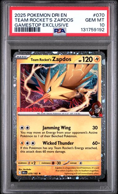 2025 POKEMON DRI EN-DESTINED RIVALS #070 TEAM ROCKET'S ZAPDOS GAMESTOP EXCLUSIVE PSA 10 SC1