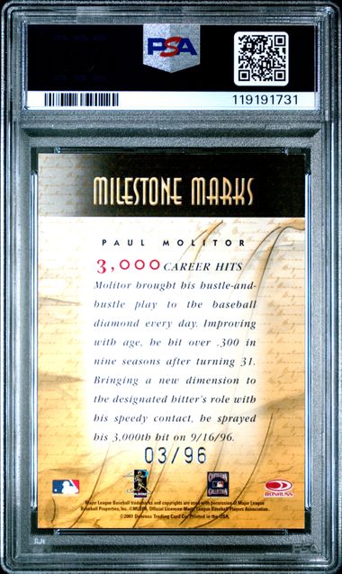 2001 DONRUSS SIGNATURE MILESTONE MARKS PAUL MOLITOR MILESTONE MARKS PSA 8